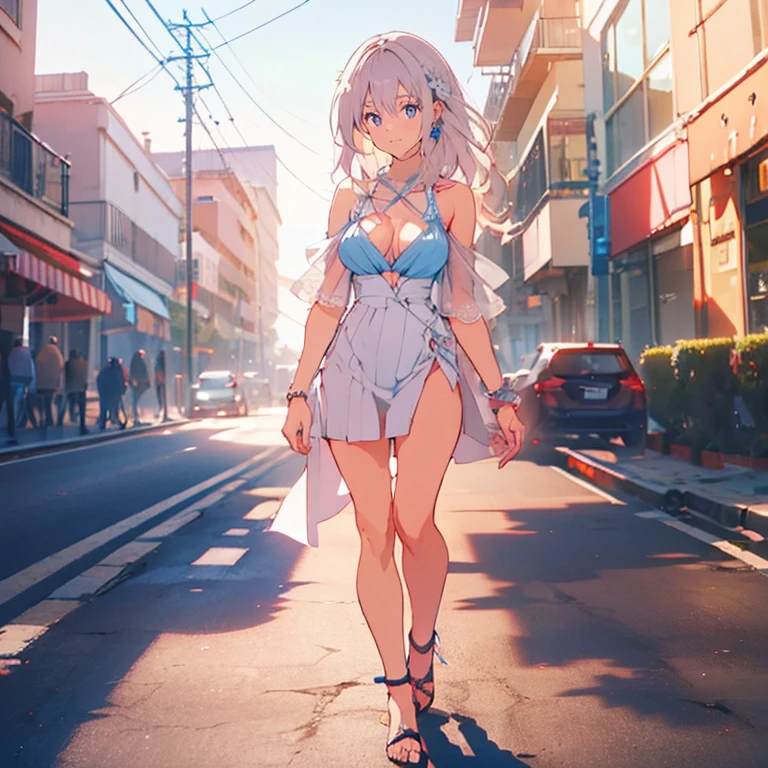 Uma mulher usando um longo vestido branco, Perna exposta, saltos brancos, walking on the sidewalk of a modern city, silver bracelet on arm, cabelo longo rosa choque com franjas grisalhas, olhos rosa, sorridente, seios grandes, Unhas rosa, fundo desfocado, segurando uma bolsa de couro branca,
sombra projetada, anaglyph, estereograma, tachi-e, point view, atmospheric perspective, 8k, superdetalhe, preciso, melhor qualidade, premiado, pele texturizada, high resolution, Anatomicamente Correto, efeito bokeh, ((mulher sozinha)