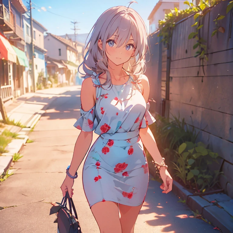 Uma mulher usando um longo vestido branco, Perna exposta, saltos brancos, walking on the sidewalk of a modern city, silver bracelet on arm, cabelo longo rosa choque com franjas grisalhas, olhos rosa, sorridente, seios grandes, Unhas rosa, fundo desfocado, segurando uma bolsa de couro branca,
sombra projetada, anaglyph, estereograma, tachi-e, point view, atmospheric perspective, 8k, superdetalhe, preciso, melhor qualidade, premiado, pele texturizada, high resolution, Anatomicamente Correto, efeito bokeh, ((mulher sozinha)