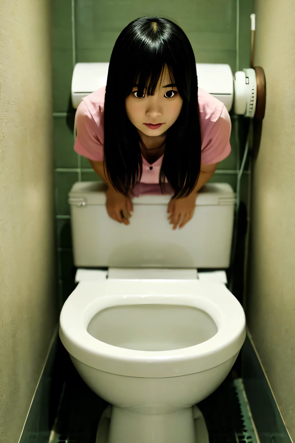 High school girl with long black hair using the toilet