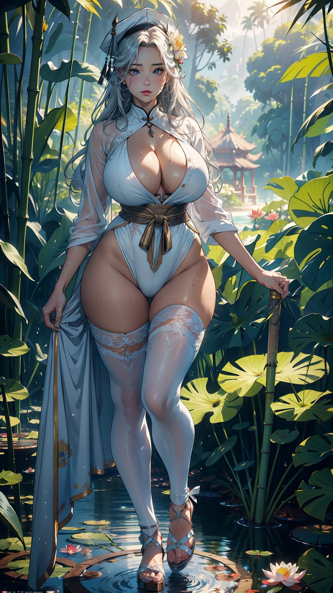 1female,35yo,MILF,long leges,Big breasts Thin waist,curvy, Wide hips,huge-breasted ,Pornographic exposure, solo,(Background with:bamboo forrest,lotuses,lotus flower,exteriors,Lotus pond) She has loong silver-white hair,standing on your feet,Sweat profusely,drenched all over the body,seen from the front, hair straight, mostly cloudy sky,(((tmasterpiece),(Very detailed CG unity 8K wallpaper),best qualtiy,cinmatic lighting,detailed back ground,beatiful detailed eyes,Bright pupils,Black eyes,(Very fine and beautiful),(Beautiful and detailed eye description),ultra - detailed,tmasterpiece,)),facing at camera,A high resolution,ultra - detailed),revealing breasts,Bare genitalia, Bulge,legs are open,Raised sexy,Camel toes,Flushed complexion,Open-mouthed,frontage,high school senior,Sailor's cap(Wearing yellow flower jumpsuit pajamas)Full body photo,Show shoes
