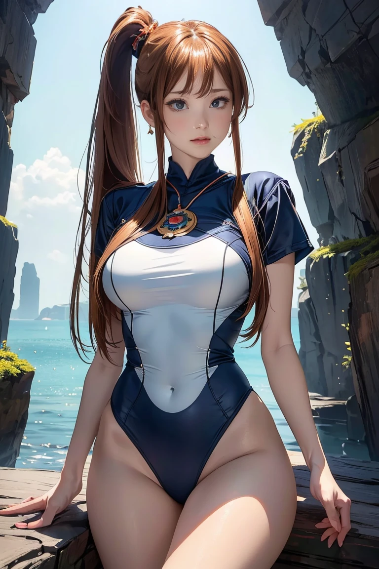 cowboy shot,1 girl,(매우 detailed 피부),Bent,beautiful胸,(big bust),pale skin,sagging breasts,(fantasy art,Best image quality,Surrealist portraits,(8K),surreal,最high quality, high quality, high resolution, high quality texture,high detail,beautiful,detailed,매우 detailed CG,detailedテクスチャー,realistic facial expressions,masterpiece,presence,dynamic,brave),ponytail,(very thin hair),(very soft hair),(ultra straight hair:1.5),long flowing bangs,very light copper amber hair,hair above one eye,dressed up,tight t-shirt,see-through sailor swimsuit