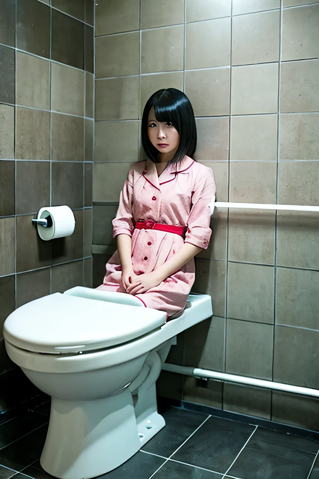 High school girl with long black hair using the toilet