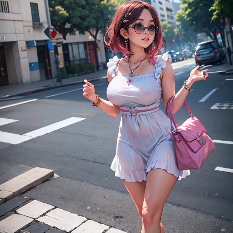 Uma mulher usando um longo vestido branco, Perna exposta, saltos brancos, walking on the sidewalk of a modern city, silver bracelet on arm, cabelo longo rosa choque com franjas grisalhas, olhos rosa, sorridente, seios grandes, Unhas rosa, fundo desfocado, segurando uma bolsa de couro branca,
sombra projetada, anaglyph, estereograma, tachi-e, point view, atmospheric perspective, 8k, superdetalhe, preciso, melhor qualidade, premiado, pele texturizada, high resolution, Anatomicamente Correto, efeito bokeh, ((mulher sozinha)