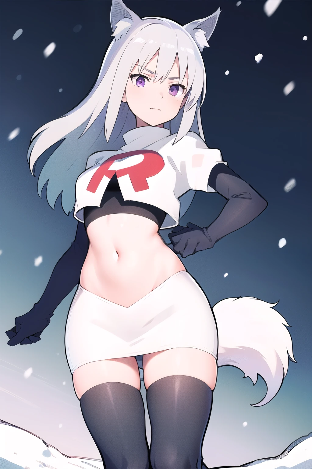 masterpiece, best quality, 1girl, aurora e. juutilainen, dog tail, animal ears, purple eyes, silver hair, outside, snow, team rocket,team rocket uniform,white skirt,red letter R,crop top,black thigh-highs,black elbow gloves