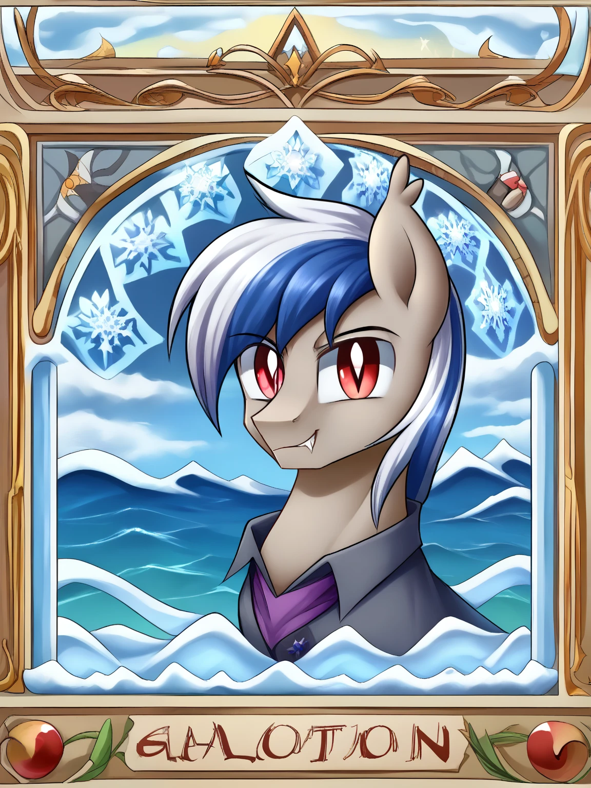 My little pony, bat pony, male, three books, snowflake,healing, Shiny amaranth mane color, Светло-сапфировый голубовато-gray coat color, Moderate cherry eyes, Cutimark = waves, dark fantasy aesthetics, gray coat color (one pony in the picture)