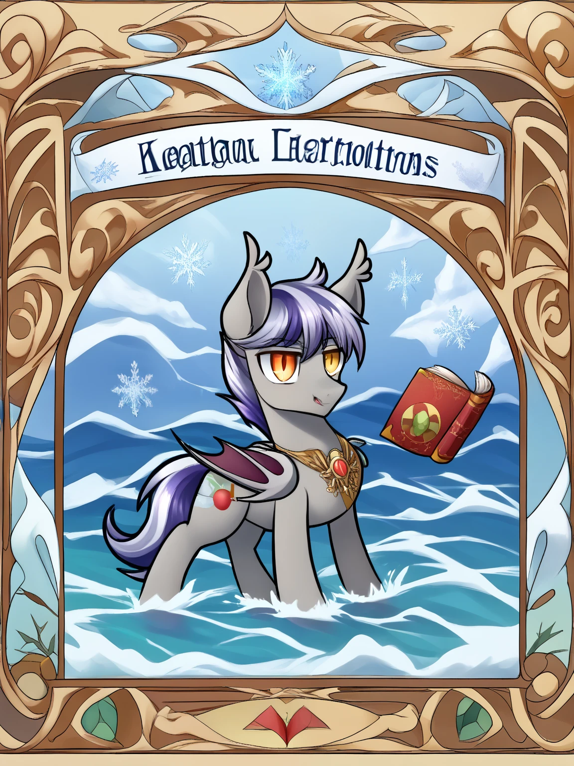 My little pony, bat pony, male, three books, snowflake,healing, Shiny amaranth mane color, Светло-сапфировый голубовато-gray coat color, Moderate cherry eyes, Cutimark = waves, dark fantasy aesthetics, gray coat color (one pony in the picture)