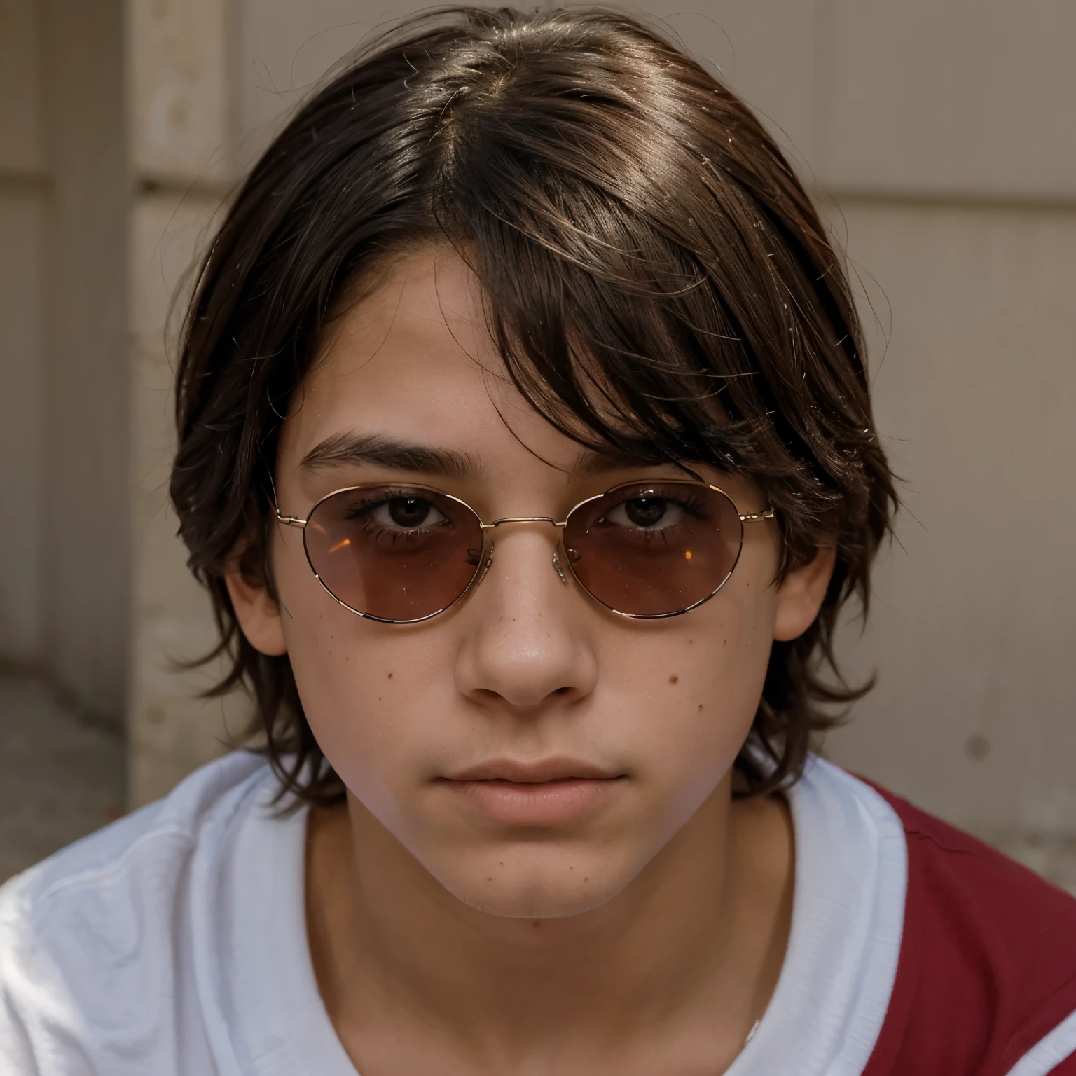 A boy of approximately , cabello negro, ojos morados, pecas, sunglasses and a serious expression but tender face