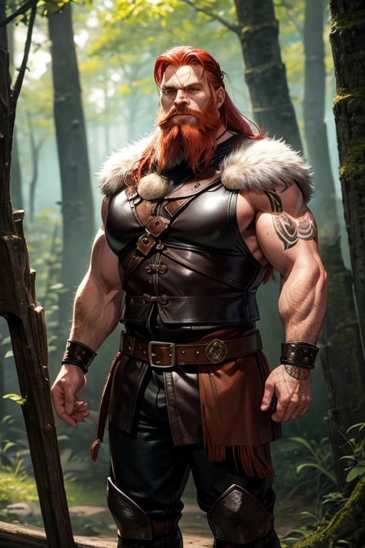 Viking 50-year-old man, redhead with beard, green eyes, bearskin Viking clothing, brown boots, leather belt, black leather pants, stocky build, muscular tattoos, Vikings, background of a forest