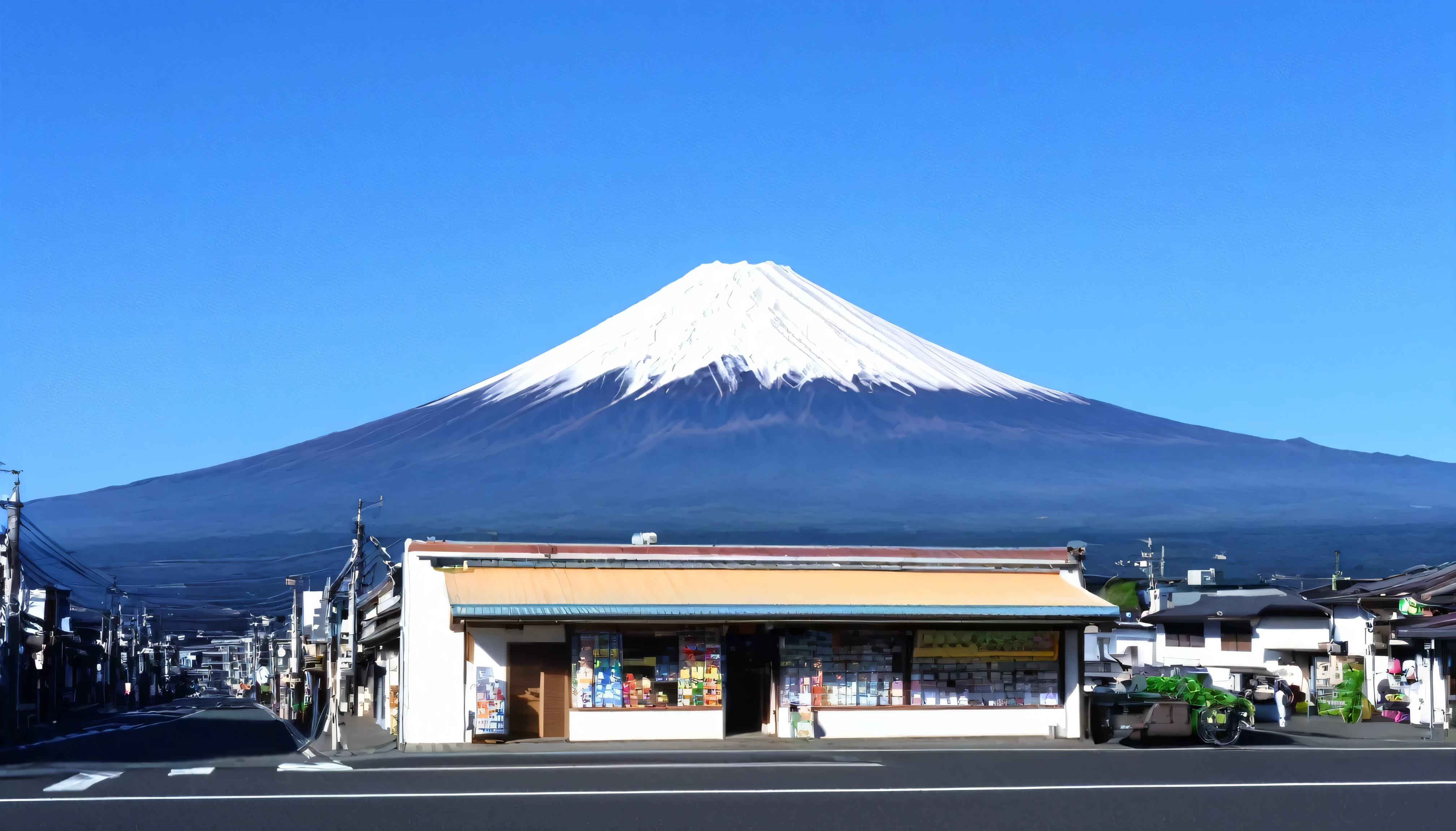 Convenience store building, with Mt. Fuji on top, angle: front