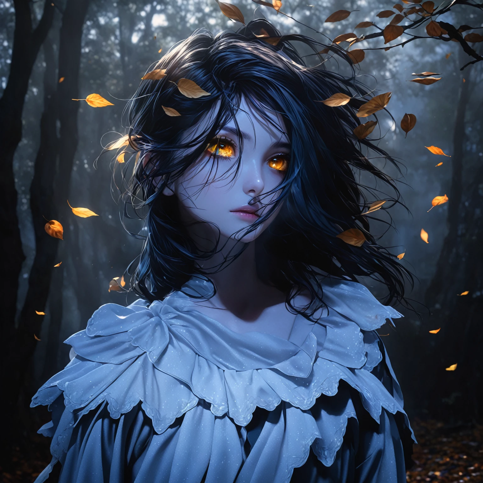 (best quality,4k,8k,highres,masterpiece:1.2),ultra-detailed,(realistic,photorealistic,photo-realistic:1.37),anime girl,cinematic lighting,delicate colors,falling leaves,calm lighting,wind,fog,turquoise,delta shades,discord banner