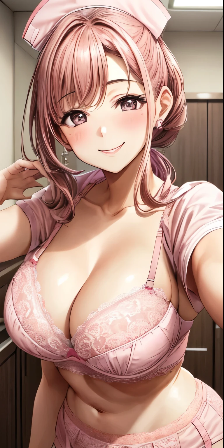 (Best quality:1.3), brown ponytail, large breasts, cleavage, nurse outfit, smiling, (pov, close shot),((pink lace bra))