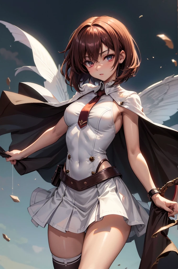 8K UHD, Digital SLR, Soft lighting, High quality, ((best quality)) ((best quality)), ((masterpiece)), (detailed), 4k image, anime style, beautiful teenage anime girl, black A-line pleated skirt, white formal shirt, white stockings, fair caramel brown skin, symmetrical face, plump lips, blood red sanguine eyes, African looks, small breasts, toned thin slender body, small narrow waist, short height, waist length pixie cut hair, sleek dark red hair, small curvy hips, phoenix eyes, small nose, European style , white sheer thigh-high stockings, low-top boots