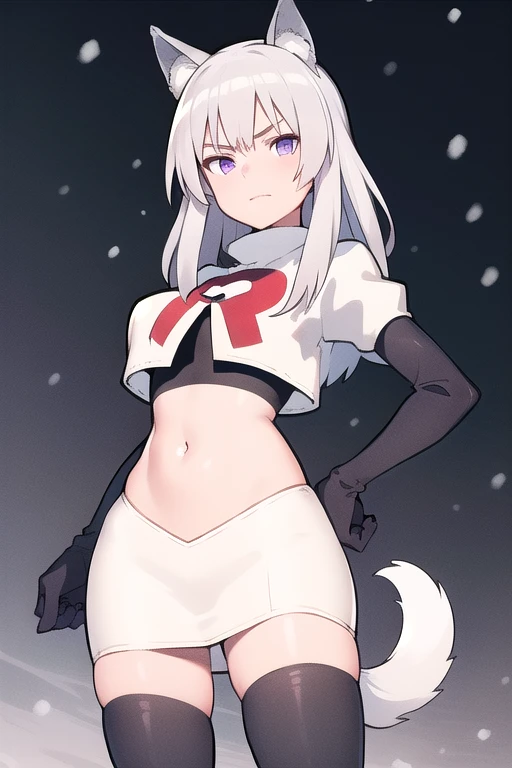 masterpiece, best quality, 1girl, aurora e. juutilainen, dog tail, animal ears, purple eyes, silver hair, outside, snow, team rocket,team rocket uniform,white skirt,red letter R,crop top,black thigh-highs,black elbow gloves