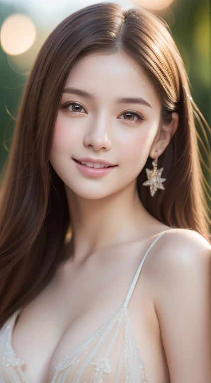 (High resolution, 4k, 8k, super detailed: 1.2), (hyperrealistic, photorealistic: 1.37), (illustrated), (detailed lighting), (very delicate and beautiful), 1 young girl, brown hair , Model, Bare Shoulders and Chest, (Best Quality), 8K Super Detailed CG Wallpaper, Vibrant Colors, Professional Grade, ((Bokeh Effect))), Depth of Field. beach. smile,