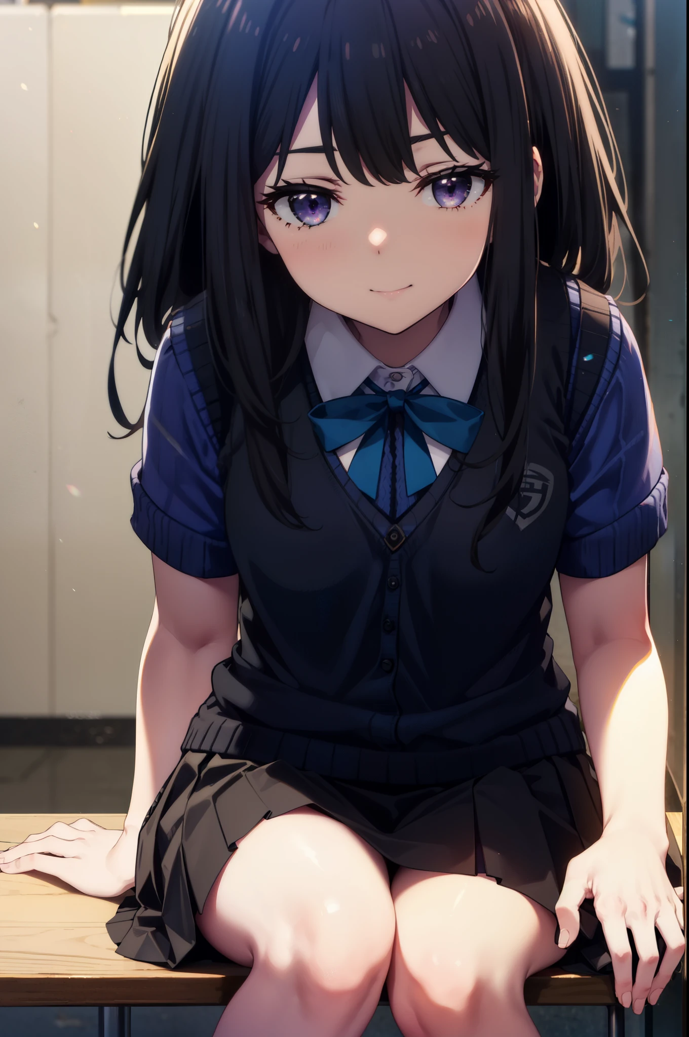 Takiuchi, Inoue Check, Long Hair, bangs, Black Hair, (Purple eyes:1.2),smile,blush,
white yシャツ, Short sleeve, Pleated skirt, socks, Collared shirt, mini skirt, Black Pantyhose, (Black Skirt:1.5), Sweater vest, (blue Sweater vest:1.5),Brown Loafers,Daytime,sunny,Sitting at a desk with legs crossed,whole bodyがイラストに入るように, break looking at viewer, whole body,
break indoors, School corridor,
break (masterpiece:1.2), highest quality, High resolution, unity 8k wallpaper, (shape:0.8), (Beautiful details:1.6), Highly detailed face, Perfect lighting, Extremely detailed CG, (Perfect hands, Perfect Anatomy),