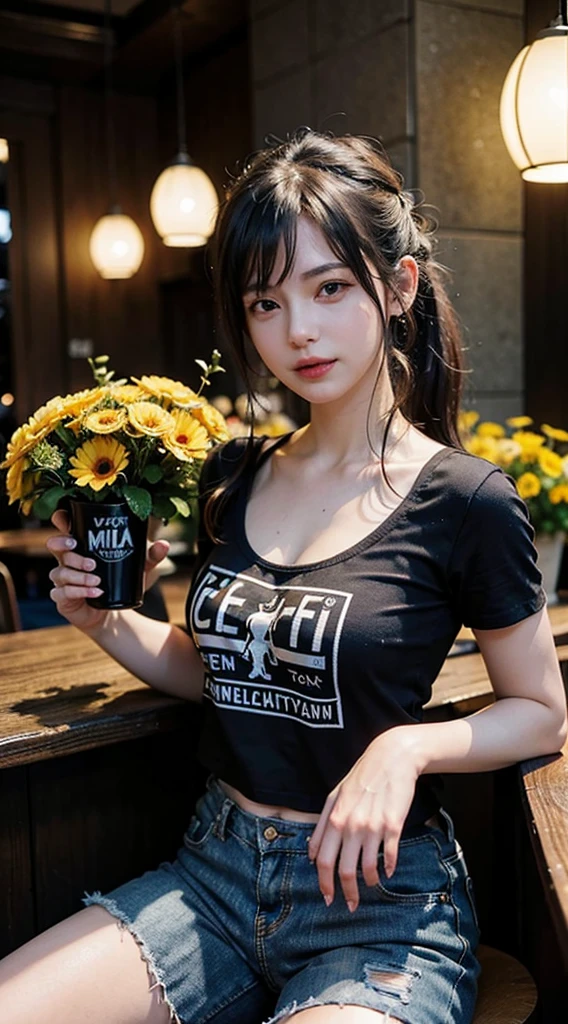 (8k, highest quality, masterpiece:1.2), (Realistic, photo-Realistic:1.37), Very detailed,
Detailed portrait of Tifa Lockhart from Final Fantasy VII Remake sitting in a cafe in a cityscape on a date, With her beautiful and delicate eyes and red nose, she looks adorable and solo.. She is wearing a black shirt with the word "erigo" written on it、He was wearing short jeans. Show the word "Erigo" written on a T-shirt. Her whole body is visible with her head supported by her hands, Showing off her beautiful face, Long hair tied low, And lips. The scene is professionally lit, Photon Mapping, and Radio City, Tetsuya Nomura style and cyber futuristic feel. The background features yellow flowers and a bokeh effect. Tifa smiles slightly and keeps her mouth closed..(hour々is naked)