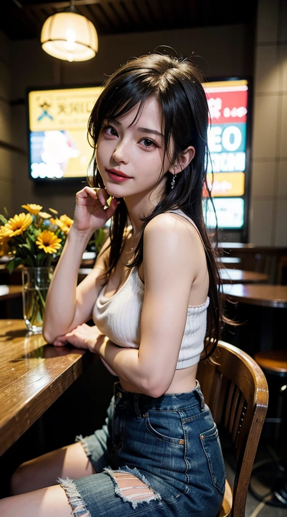 (8k, highest quality, masterpiece:1.2), (Realistic, photo-Realistic:1.37), Very detailed,
Detailed portrait of Tifa Lockhart from Final Fantasy VII Remake sitting in a cafe in a cityscape on a date, With her beautiful and delicate eyes and red nose, she looks adorable and solo.. She is wearing a black shirt with the word "erigo" written on it、He was wearing short jeans. Show the word "Erigo" written on a T-shirt. Her whole body is visible with her head supported by her hands, Showing off her beautiful face, Long hair tied low, And lips. The scene is professionally lit, Photon Mapping, and Radio City, Tetsuya Nomura style and cyber futuristic feel. The background features yellow flowers and a bokeh effect. Tifa smiles slightly and keeps her mouth closed..(hour々is naked)