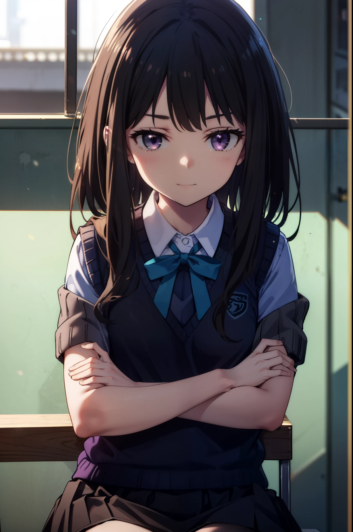 Takiuchi, Inoue Check, Long Hair, bangs, Black Hair, (Purple eyes:1.2),smile,blush,
white yシャツ, Short sleeve, Pleated skirt, socks, Collared shirt, mini skirt, Black pantyhose, (Black Skirt:1.5), Sweater vest, (blue Sweater vest:1.5),Brown loafers,Daytime,Clear skies,Walking，whole bodyがイラストに入るように,　　　break looking at viewer, whole body, 
break indoors, School　corridor,
break looking at viewer, (Cowboy Shot:1.5),
break (masterpiece:1.2), highest quality, High resolution, unity 8k wallpaper, (figure:0.8), (Beautiful fine details:1.6), Highly detailed face, Perfect lighting, Highly detailed CG, (Perfect hands, Perfect Anatomy),