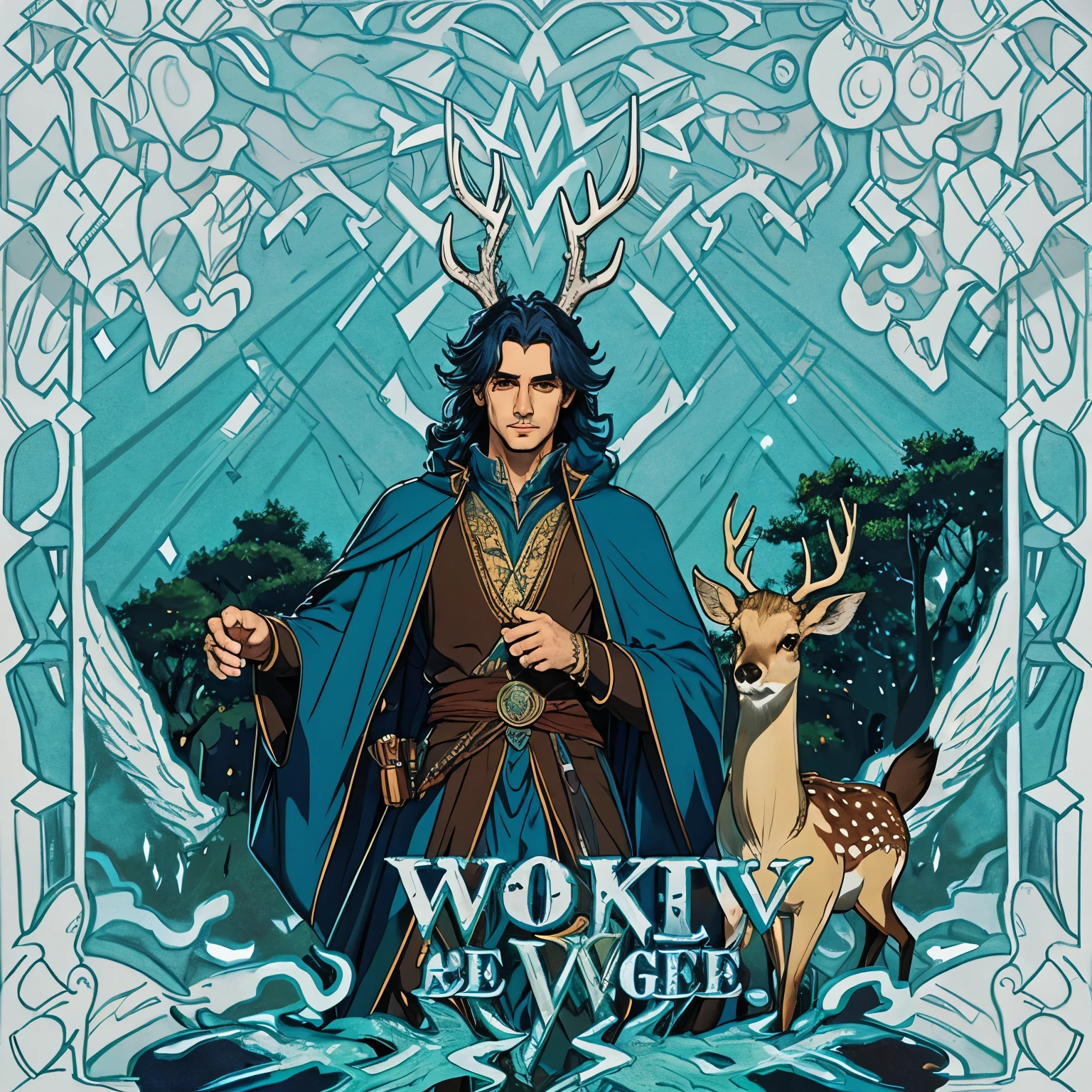 Make a hybrid character of a deer and a wizard, cabello blanco, que sea hombre, es muy guapo, is located in a fantastic forest, y es muy guapo, su atuendo es de color azul y sis ropas tipo dangeons and dragons