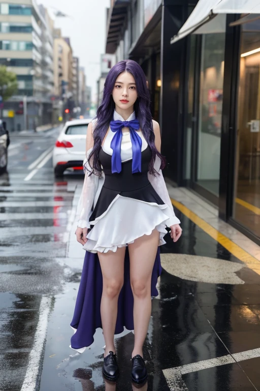 (masterpiece),best quality, frederica bernkastel,dress,  tail bow, cat tail, bowtie, purple eyes, purple hair,mary janes,  socks,  blank eyes, empty eyes,  (raining day:1.2), cloud, street, sidewalk, wet clothes, photorealistic, ((16k photography)), detailed face, ((Best Quality, Masterpiece: 1.3)), Sharp Focus: 1.2, A Beautiful Woman with Perfect Figure: 1.4, Slim Abs: 1.2, (Layered Hairstyle,: 1.2)), Rain: 1.3, Street: 1.2, Wet Body: 1.1, Highly Detailed Face and Skin Texture, Detailed Eyes, Double Eyelids, Big Breasts, Smile, irene1, CGI photography hyper realistic
