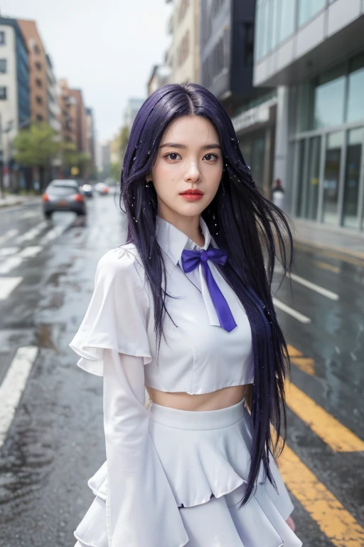 (masterpiece),best quality, frederica bernkastel,dress, tail bow, cat tail, bowtie, purple eyes, purple hair,mary janes, socks, blank eyes, empty eyes, (raining day:1.2), cloud, street, sidewalk, wet clothes, photorealistic, ((16k photography)), detailed face, ((Best Quality, Masterpiece: 1.3)), Sharp Focus: 1.2, A Beautiful Woman with Perfect Figure: 1.4, Slim Abs: 1.2, (Layered Hairstyle,: 1.2)), Rain: 1.3, Street: 1.2, Wet Body: 1.1, Highly Detailed Face and Skin Texture, Detailed Eyes, Double Eyelids, Big Breasts, Smile, irene1, CGI photography hyper realistic