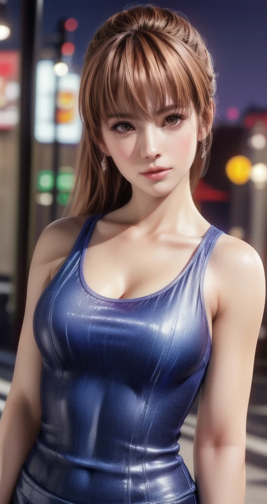 ((highest quality, 8k, masterpiece: 1.3)), whole body, Sharpen the focus: 1.2, Outstanding beauty: 1.4, Slim Abs: 1.2, Tank top dress: 1.1, (City of night, street: 1.1), Highly detailed face and skin texture, Fine grain, double eyelid, Mature Woman,Beautiful and attractive woman who follows fashion trends