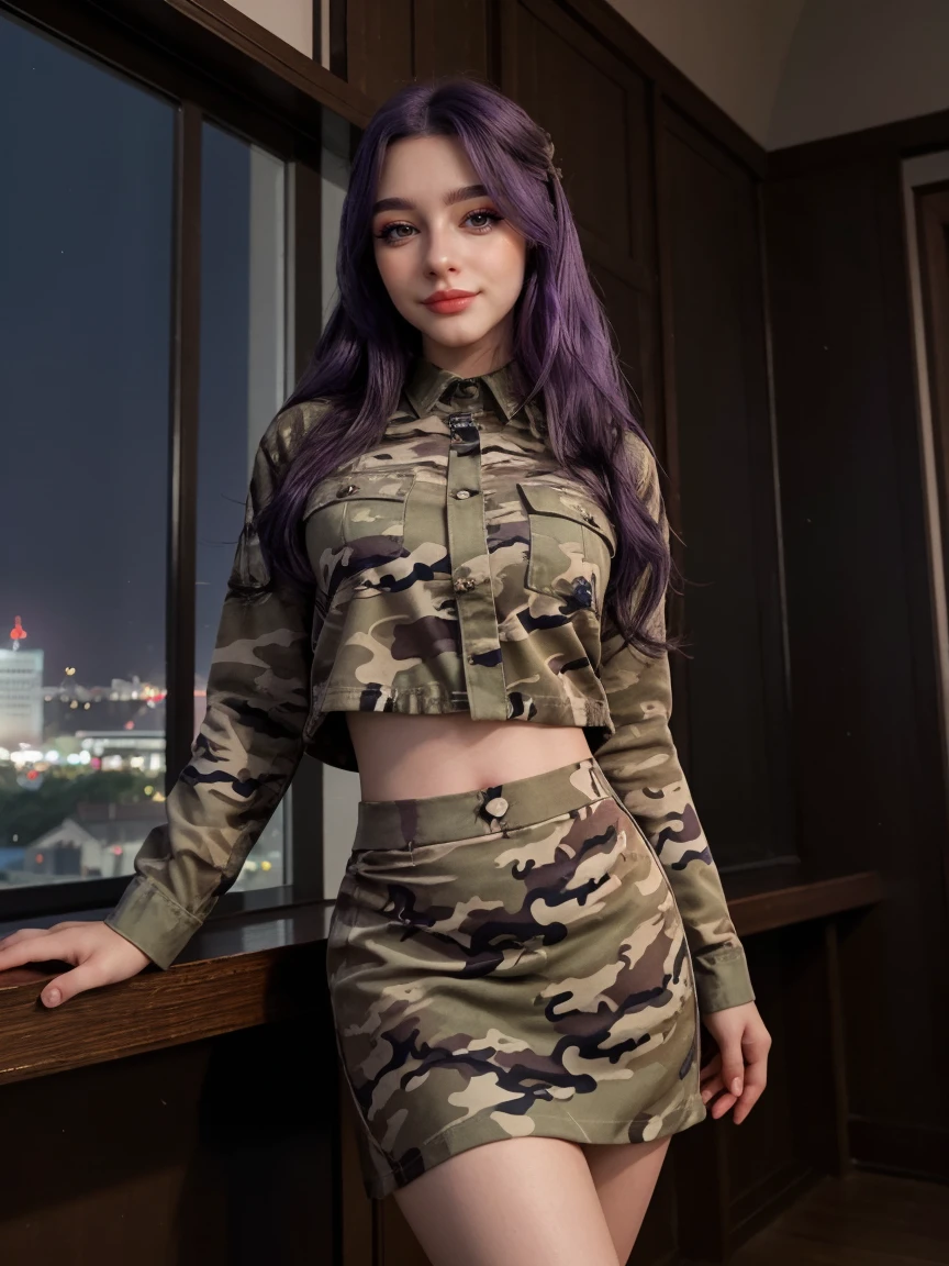 (1 lady), (Best quality at best:1.4), (ultra - detailed), (extremely detailed CG unified 16k), A Beautiful Woman with Perfect Figure: 1.4, female soldier body, Sharp Focus: 1.2, purple hair, very detailed, High-definition RAW color photo, professional photoshooting, amazing face and eyes, cosmetics, (amazingly beautiful girl), ((Kotomi)), ((woodland camo shirt, woodland camo skirt)), standing, sexyposture，(Night and stylish cathedral outside, city lights, city lights:1.3), (look from down), realistic cinematic face, head to feet long wide zoomed out view, full body long view, photorealistic, ((realistic natural blueish purple hair style, purple eyes)), gorgeous, extremely beautiful face, perfect model beauty, pout mouth, Highly Detailed Face and Skin Texture, Detailed Eyes, Double Eyelids, Big Breasts, Smile, flirting smile, cleavages, western, (masterpiece), best quality, high resolution, extremely detailed, blurred background, depth of field, cinematic lighting, amazing legs, high heels, clear and well-cared skin, (((focus on the girl))), (big girl, big proportions, strong female)