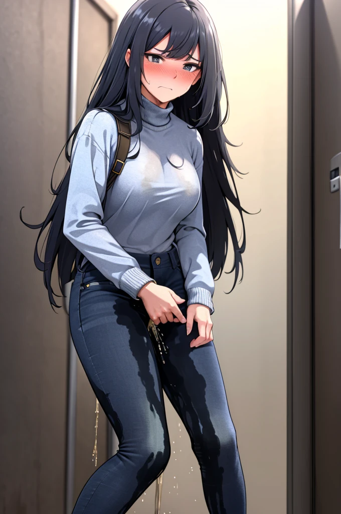 A woman with very long black hair, (very long hair:1.25) and (long bangs:1.5), wearing a stylish wool turtleneck sweater with jeans, long sleeves, (low-rise jeans:1.25), (low-cut jeans:1.25), standing. The artwork is inspired by manga and incorporates a doujin style. The woman appears to be (wetting herself:1.5), which causes her to feel embarrassed and humiliated, resulting in a blush on her face. In addition, there is an air of anger in her expression. The lighting in the scene is moody, with a spotlight highlighting the woman's figure, She has a very large pee stain that covers almost the entire front of her jeans., large breasts, skinny