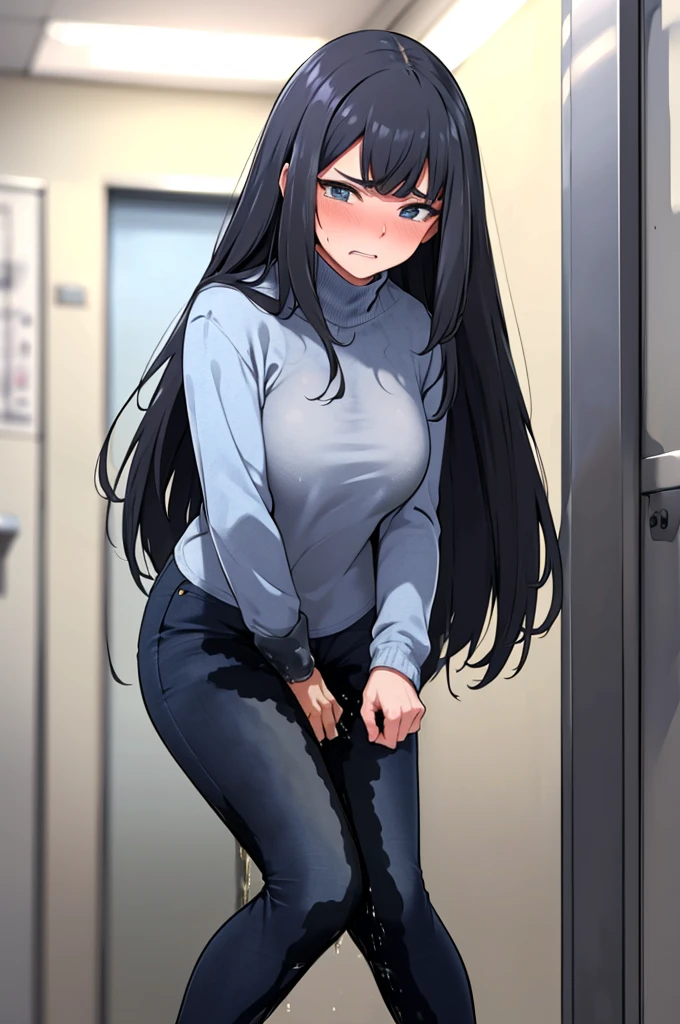 A woman with very long black hair, (very long hair:1.25) and (long bangs:1.5), wearing a stylish wool turtleneck sweater with jeans, long sleeves, (low-rise jeans:1.25), (low-cut jeans:1.25), standing. The artwork is inspired by manga and incorporates a doujin style. The woman appears to be (wetting herself:1.5), which causes her to feel embarrassed and humiliated, resulting in a blush on her face. In addition, there is an air of anger in her expression. The lighting in the scene is moody, with a spotlight highlighting the woman's figure, She has a very large pee stain that covers almost the entire front of her jeans., large breasts, skinny