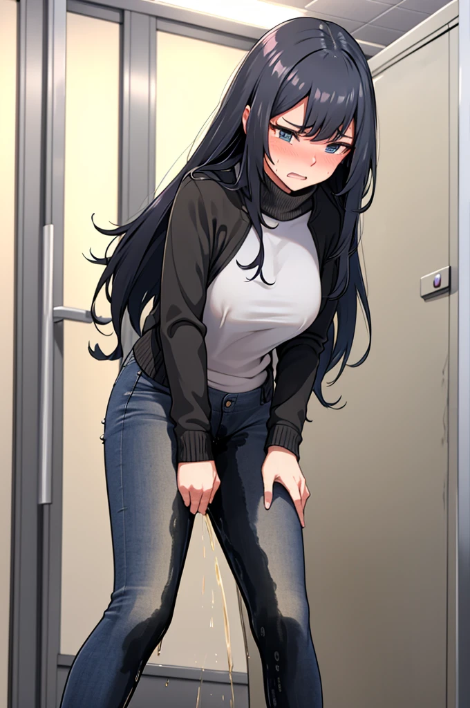 A woman with very long black hair, (very long hair:1.25) and (long bangs:1.5), wearing a stylish wool turtleneck sweater with jeans, long sleeves, (low-rise jeans:1.25), (low-cut jeans:1.25), standing. The artwork is inspired by manga and incorporates a doujin style. The woman appears to be (wetting herself:1.5), which causes her to feel embarrassed and humiliated, resulting in a blush on her face. In addition, there is an air of anger in her expression. The lighting in the scene is moody, with a spotlight highlighting the woman's figure, She has a very large pee stain that covers almost the entire front of her jeans., large breasts, skinny