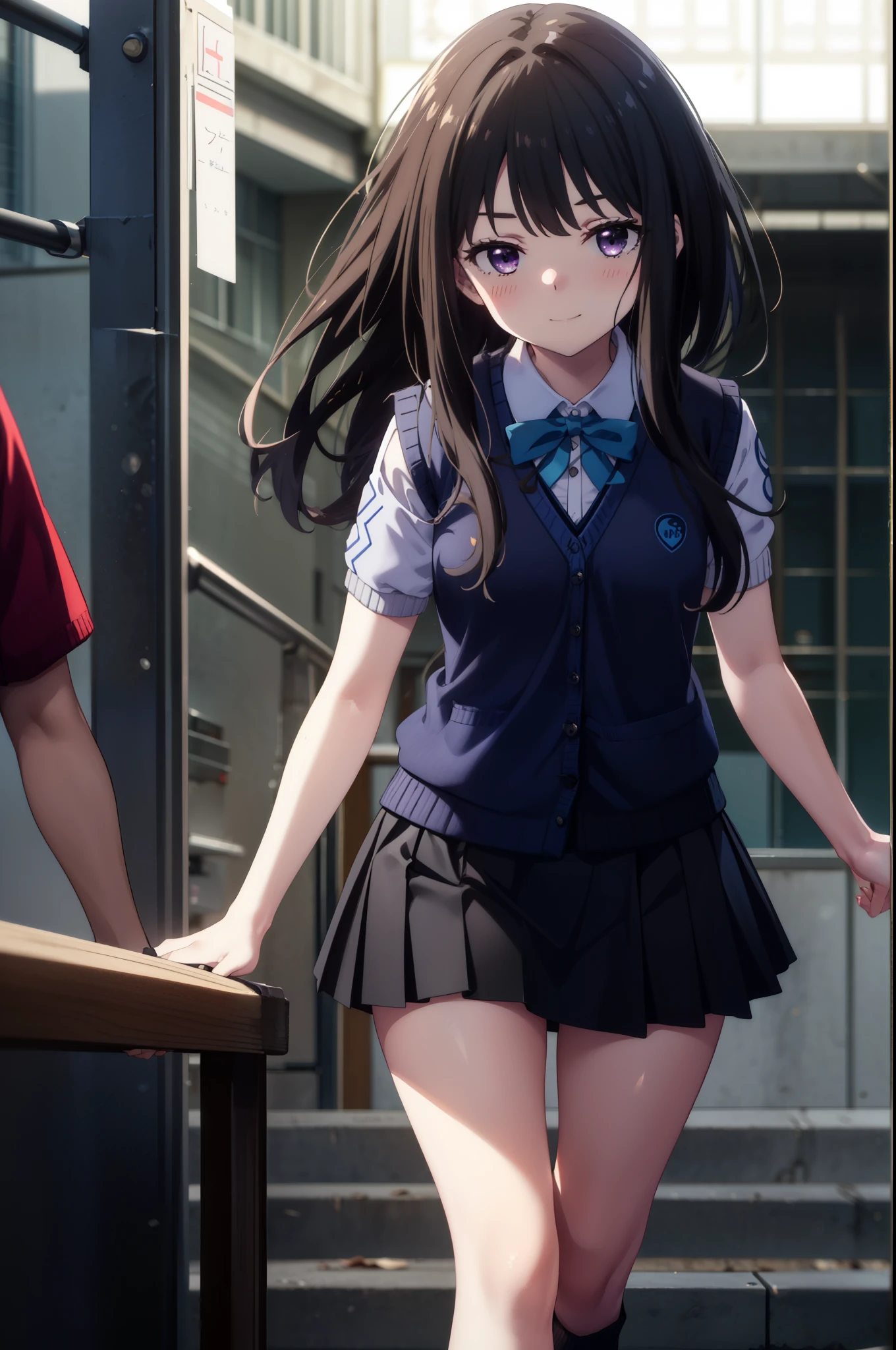 Takiuchi, Inoue Check, Long Hair, bangs, Black Hair, (Purple eyes:1.2),smile,blush,
white yシャツ, Short sleeve, Pleated skirt, socks, Collared shirt, mini skirt, Black Pantyhose, (Black Skirt:1.5), Sweater vest, (blue Sweater vest:1.5),Brown Loafers,Daytime,sunny,walking,whole bodyがイラストに入るように, break looking at viewer, whole body,
break indoors, School corridor,
break (masterpiece:1.2), highest quality, High resolution, unity 8k wallpaper, (shape:0.8), (Beautiful details:1.6), Highly detailed face, Perfect lighting, Extremely detailed CG, (Perfect hands, Perfect Anatomy),