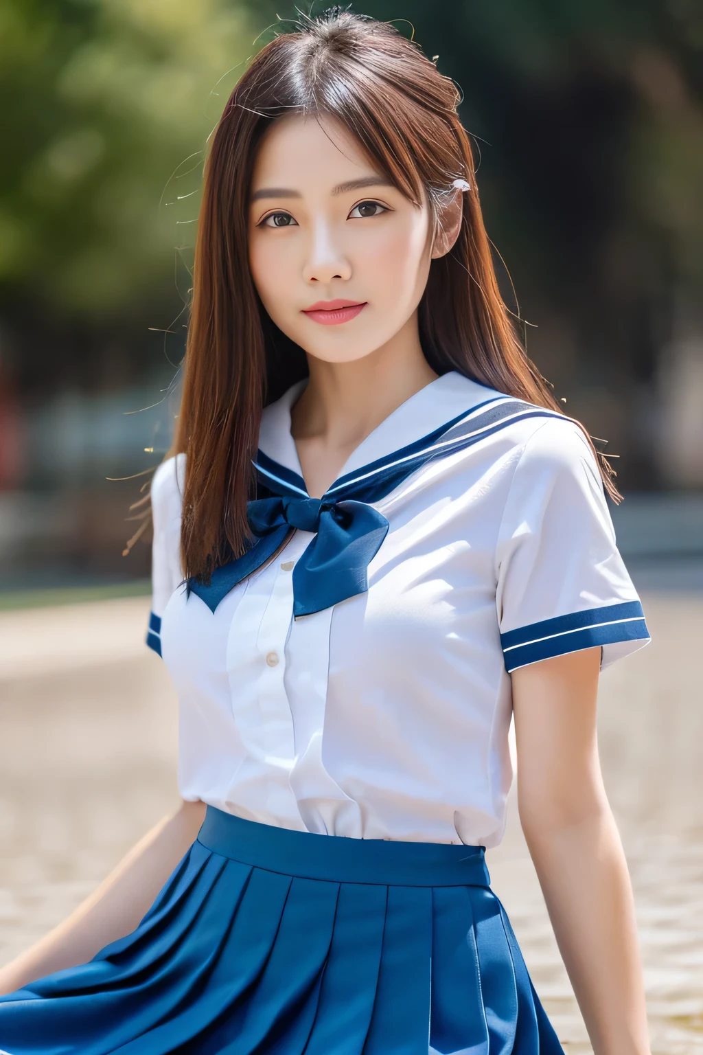 (highest quality,8k,High resolution:1.2),(Beautiful and realistic Asian:1.6)、(Cute Japanese Girl:1.4),(Ample Bust:1.25),(Attractive body),(school uniform,super model,Pleated skirt,Sailor collar,White shirt:1.2)、Professional photos、(mysterious、Divinity)、rainbow、after the rain、