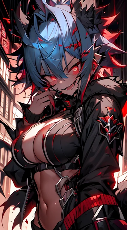 1girl, short_rebellious_hairblue_hair, hair tips to the side, scary_eyes, short_hair, Mouth_open_teeth_sharp_fangs, Evil smile_sharp_wild teeth, black_iris, scarlet_red_pupil, black, sclera, soulless_black_eyes, looking_at_vi ewer, holding, shirt, pant, animal_ears, blue_ ears, wolf_woman, blue_tail, body_perfect, Milf_body, female_body_muscular, big_breasts, scar_on_thighs, scar_on_the abdomen,vampire slayer_outfit