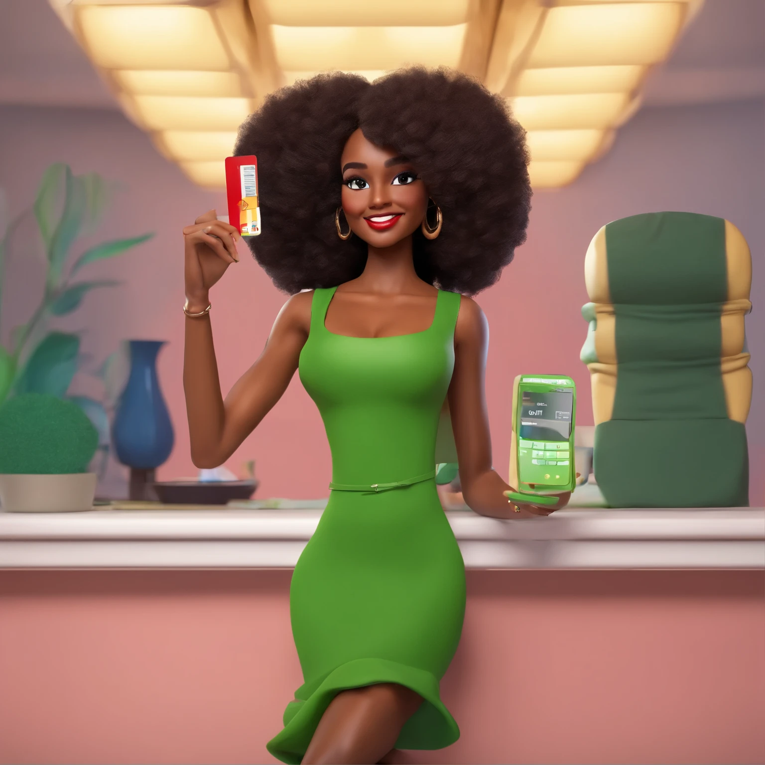 A brunette with dark skin and black eyes smiling with red lipstick with curly hair and makeup and shoulders a green dress, 36 years old holding a Green credit card with her right hand open upwards best quality