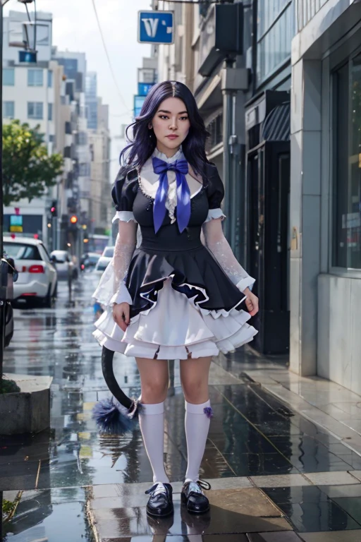 (masterpiece),best quality, frederica bernkastel,dress,  tail bow, cat tail, bowtie, purple eyes, purple hair,mary janes,  socks,  blank eyes, empty eyes,  (raining day:1.2), cloud, street, sidewalk, wet clothes, photorealistic, ((16k photography)), detailed face, ((Best Quality, Masterpiece: 1.3)), Sharp Focus: 1.2, A Beautiful Woman with Perfect Figure: 1.4, Slim Abs: 1.2, (Layered Hairstyle,: 1.2)), Rain: 1.3, Street: 1.2, Wet Body: 1.1, Highly Detailed Face and Skin Texture, Detailed Eyes, Double Eyelids, Big Breasts, Smile, irene1, CGI photography hyper realistic
