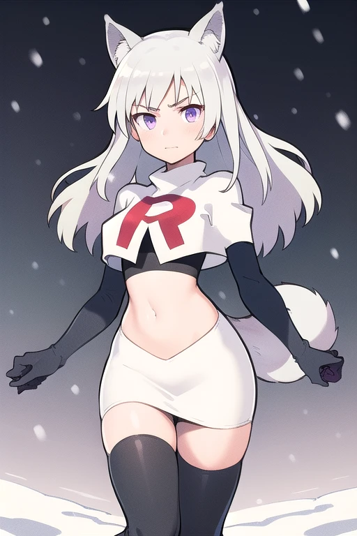 masterpiece, best quality, 1girl, aurora e. juutilainen, dog tail, animal ears, purple eyes, silver hair, outside, snow, team rocket,team rocket uniform,white skirt,red letter R,crop top,black thigh-highs,black elbow gloves