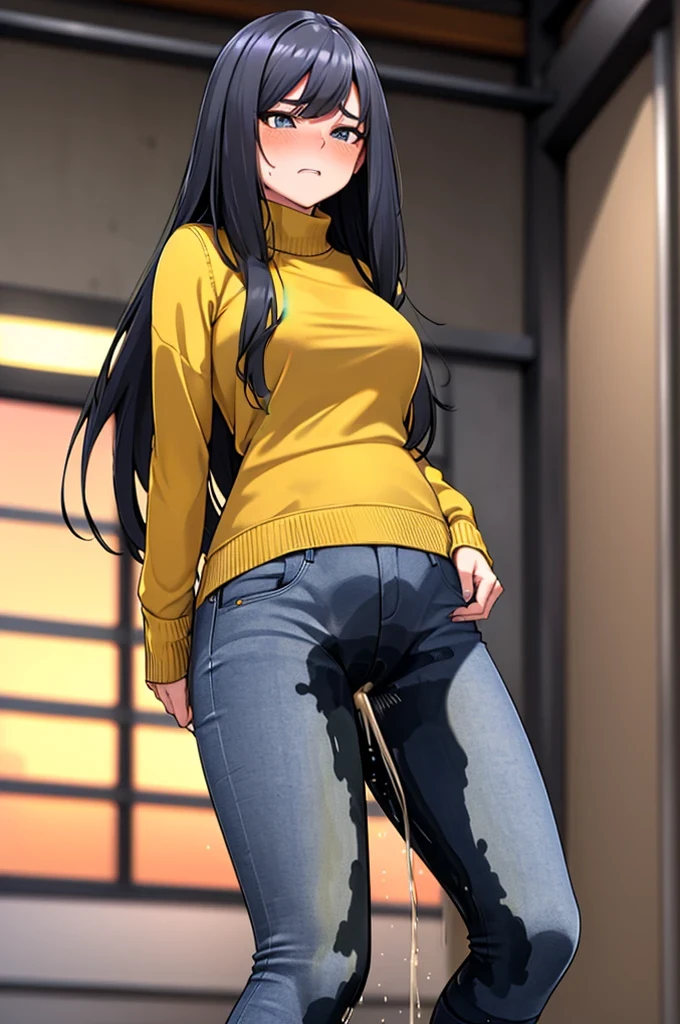 A woman with very long black hair, (very long hair:1.25) and (long bangs:1.5), wearing a stylish wool turtleneck sweater with jeans, long sleeves, (low-rise jeans:1.25), (low-cut jeans:1.25), standing. The artwork is inspired by manga and incorporates a doujin style. The woman appears to be (wetting herself:1.5), which causes her to feel embarrassed and humiliated, resulting in a blush on her face. In addition, there is an air of anger in her expression. The lighting in the scene is moody, with a spotlight highlighting the woman's figure, She has a very large pee stain that covers almost the entire front of her jeans., large breasts, skinny