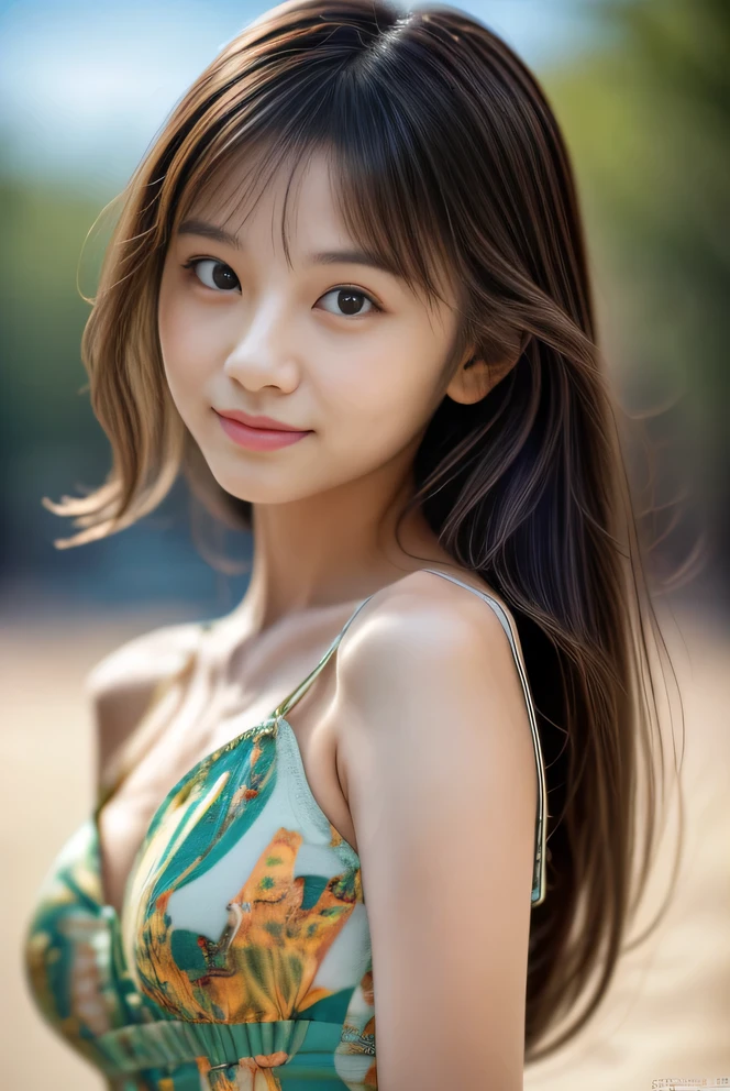 (Masterpiece:1.3), (8K), (Best Quality:1.4), (UHD:1.2), (Photorealistic:1.3),( Raw Photography), (1girl), (Ultra High Detailed), (Detailed face), very perfect beautiful and cute face, (Detailed hair), Beautiful hair, bangs, (symmetrical eyes:1.3), (Detailed eyes), (Detailed skin), Realistic skin, shiny skin, Ultra high definition, (slim figure), (super model figure), gentle smile:1.2, (A very beautiful and cute Japanese girl with a gentle expression), 27yo, 

( wearing a flower-patterned dress ), 
cute Japanese girl, pretty Japanese girl, on the beach