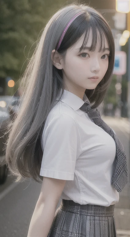 masterpiece, best quality, 8k, 85mm portrait, absurdres, beautiful girl, (night, upper body:1.5), cute, street, (school uniform, white shirt, short sleeve, dark grey pleated plaid skirt, dark grey tie:1.2), long hair, slender, neon, (Lianyungang, Akishima, Yeonggwang:0.4), no makeup, perspective, depth of field, ultra realistic, highres, photography, sharp focus, HDR, facelight, dynamic lighting, highest detailed, extreme detailed, ultra detailed, finely detail, real skin, delicate facial features