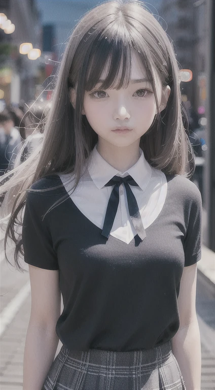 masterpiece, best quality, 8k, 85mm portrait, absurdres, beautiful girl, (night, upper body:1.5), cute, street, (school uniform, white shirt, short sleeve, dark grey pleated plaid skirt, dark grey tie:1.2), long hair, slender, neon, (Lianyungang, Akishima, Yeonggwang:0.4), no makeup, perspective, depth of field, ultra realistic, highres, photography, sharp focus, HDR, facelight, dynamic lighting, highest detailed, extreme detailed, ultra detailed, finely detail, real skin, delicate facial features