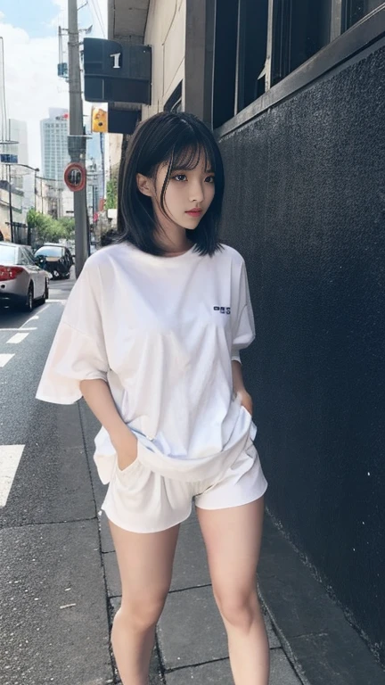 Black shorts、There is a white border on the hem、There is a slight slit at the hem、Very short pants、Small Ass、Beautiful Skin、Beautiful thighs、Stylish、Long legs、sporty design、Short Bob、Oversized white T-shirt、Clothes that show underwear lines