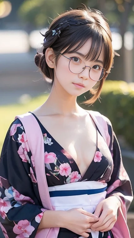 (masterpiece, highest quality:1.4), Beautiful Face, 8k, 85mm, Absurd, (Jet black floral yukata:1.2), Face close-up, violet, Gardenia, Delicate girl, alone, night, View your viewers, Upper Body, Film Grain, chromatic aberration, Sharp focus, Face Light, Professional Lighting, Sophisticated, (smile:0.4), (Simple Background, Bokeh Background:1.2), detailed aspects,(Show one breast:1.2)((Very young and immature & Very few & Very flat chest:1.2),(Pink fashion glasses,0.4),(((She takes off her yukata and shows off her shaved pussy:1.26))),(very small flat chest:1.15)