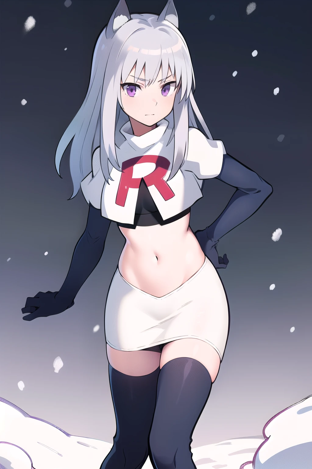 masterpiece, best quality, 1girl, aurora e. juutilainen, dog tail, animal ears, purple eyes, silver hair, outside, snow, team rocket,team rocket uniform,white skirt,red letter R,crop top,black thigh-highs,black elbow gloves