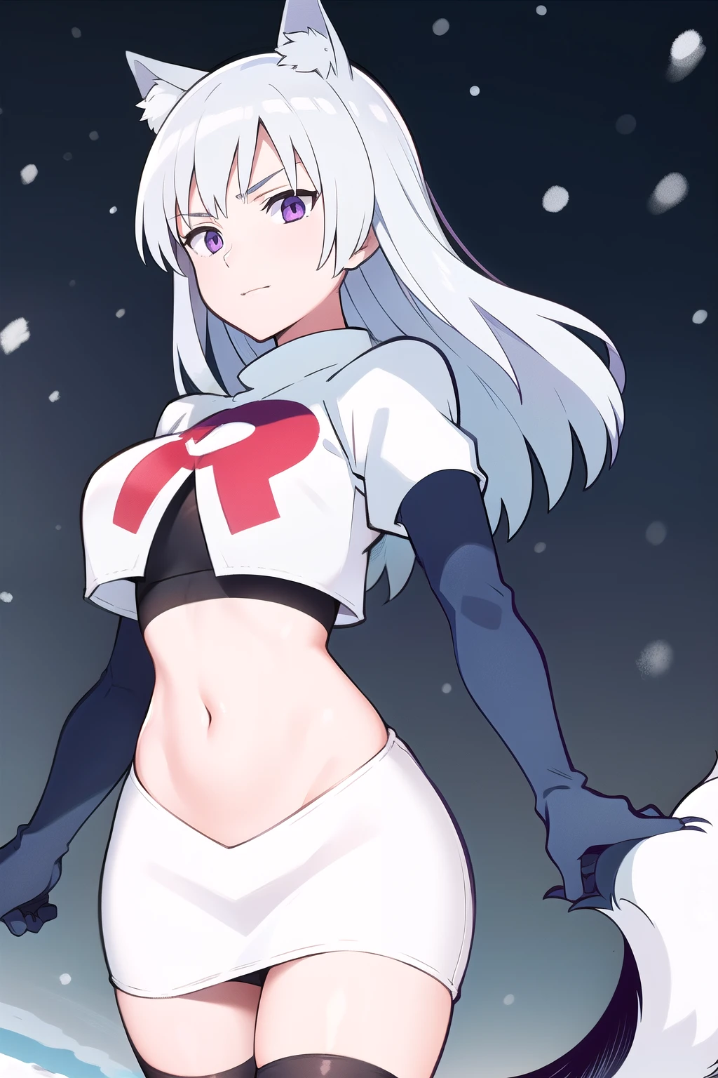 masterpiece, best quality, 1girl, aurora e. juutilainen, dog tail, animal ears, purple eyes, silver hair, outside, snow, team rocket,team rocket uniform,white skirt,red letter R,crop top,black thigh-highs,black elbow gloves