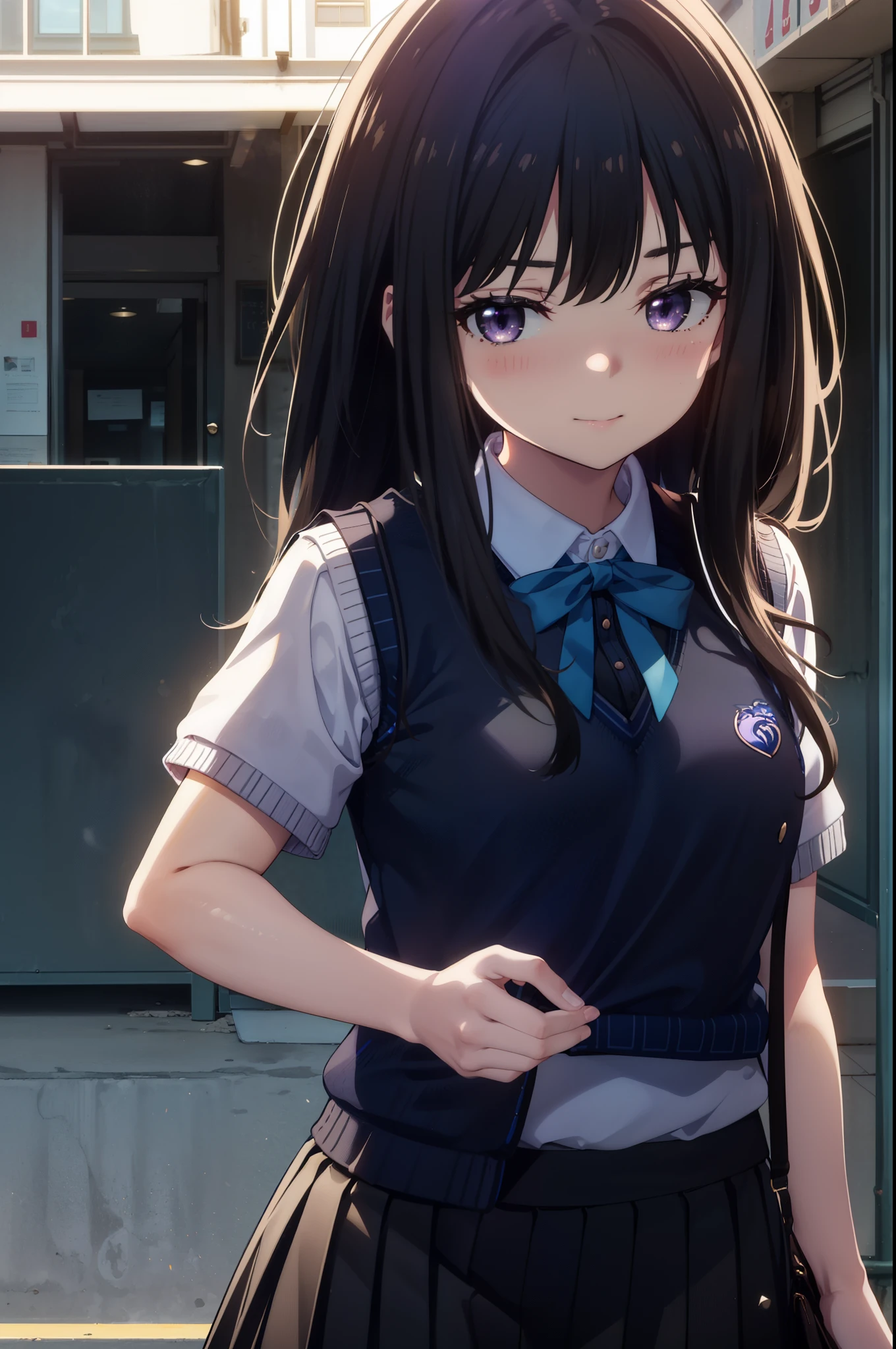 Takiuchi, Inoue Check, Long Hair, bangs, Black Hair, (Purple eyes:1.2),smile,blush,
white yシャツ, Short sleeve, Pleated skirt, socks, Collared shirt, mini skirt, Black Pantyhose, (Black Skirt:1.5), Sweater vest, (blue Sweater vest:1.5),Brown Loafers,Daytime,sunny,walking，whole bodyがイラストに入るように,　　　　　　　break looking at viewer, whole body, 
break indoors, School　corridor,
break (masterpiece:1.2), highest quality, High resolution, unity 8k wallpaper, (shape:0.8), (Beautiful details:1.6), Highly detailed face, Perfect lighting, Extremely detailed CG, (Perfect hands, Perfect Anatomy),