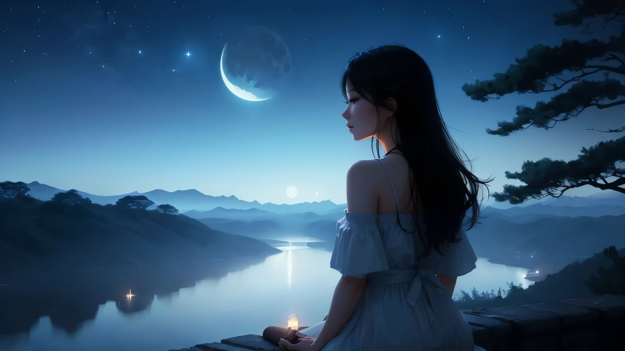 there is a woman sitting on a ledge Looking at the moon, quiet night. Digital Illustration, Dreamy atmosphere of a moonlit night, beautiful girl, Looking at the moon, beautiful moonlight night, Girl looks at space, moonlight, the moon behind her, A dreamlike night, Beautiful digital art, at night with moon light, the glow of the moonlight, by ヤン・J