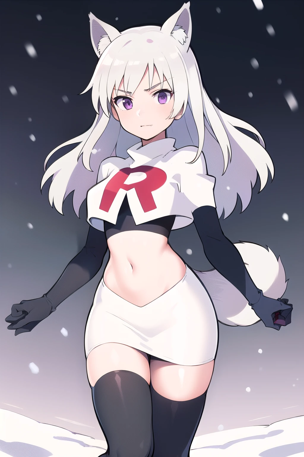 masterpiece, best quality, 1girl, aurora e. juutilainen, dog tail, animal ears, purple eyes, silver hair, outside, snow, team rocket,team rocket uniform,white skirt,red letter R,crop top,black thigh-highs,black elbow gloves