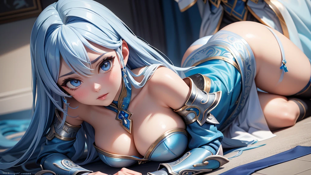 a close up of a woman in a silver and blue dress, chengwei pan on artstation, by Yang J, detailed fantasy art, stunning character art, fanart best artstation, epic exquisite character art, beautiful armor, extremely detailed artgerm, detailed digital anime art, artgerm on artstation pixiv, armor girl, sitting on the floor