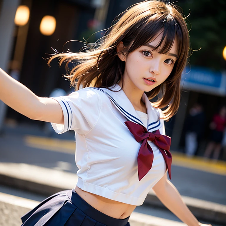 masterpiece, best quality, hyper detailed, alley, , schoolgirl, short hair, brown hair, undone clothing, school uniform, underwear, japanese, kawaii, photorealistic, cowboy shot, golden hour, serious look, running at full speed, scared, panicking, fear
