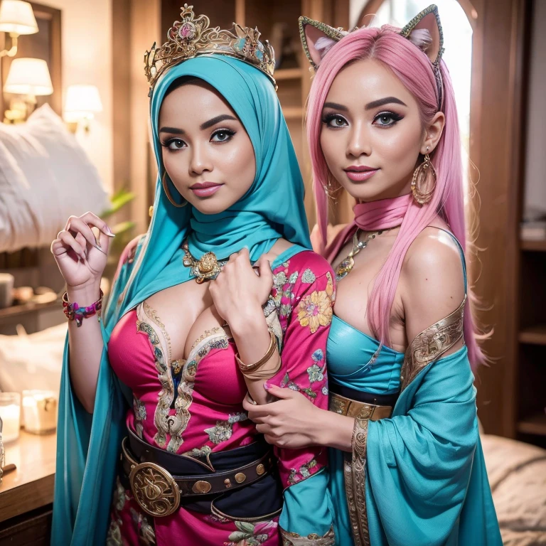 bestquality,master-piece,High resolution with high detail,(brilliant:1.4),raw photograph,,optical illusion,1girle,(Solo exhibitions:1.2),(cowboy lens:1.2),(Hair crown:1.2),Traditional costumes of Dunhuang, china,strapless,(red eyeliner:1.2),(Black eyes:1.4),earings,dynamic angle,entertainment,messy_long_hair,ink,cinematic light,lanelare,Velvet,chrysanthemum,tassels,ribbons,Colorful embroidery,upper half body,Facing the lens,Dynamic Poses,large,Embroidered shoes, red bra, all red, oppai proportions, sexy :8k, 4 k, big breasts!, bottom angle, big breasts!!, Malay beauties, biomechanical oppai, fujita goro and jones, thicc, wearing hijab, hijab star, hijab gorgeous, hijab super model, Malaysian girls group,malay, The whole body consists of a young girl with hijab, Eye makeup, 21yo, Cat ears, Soft lighting, group, Wear shabby clothes, Dirty, Tattered futuristic bikini, Cat's paw badge, Pose, spot color, rendering by octane, Ultra-realistic intricate details, Cinematic, 8K resolution, 70mm, emphasis lighting, Global illumination, (((wearing a Sexy belt design by LV))) Surreal full-body figure, Beautiful and delicate body and face, gorgeous figure, ssmile, Titillating,Surreal full-body figure,Beautiful and detailed body and face, Super vista, White skin of the, vivd colour,🔥8k, (masterpiece), (((highest quality)), (super detailed), 2 girls, (iridescent hair, colorful hair, half blue and half pink hair: 1.2), 38 years old, (Gorgeous Malay Girls: 1.2), outdoor, bangs, smile, sky blue eyes, perfect hands, perfect hands, hand details, corrected fingers. Earrings, Night Store + Background, looking_at_viewer, Cowboy Shot, Top Quality, Rich Detail, Perfect Image Quality, big breasts, slender body